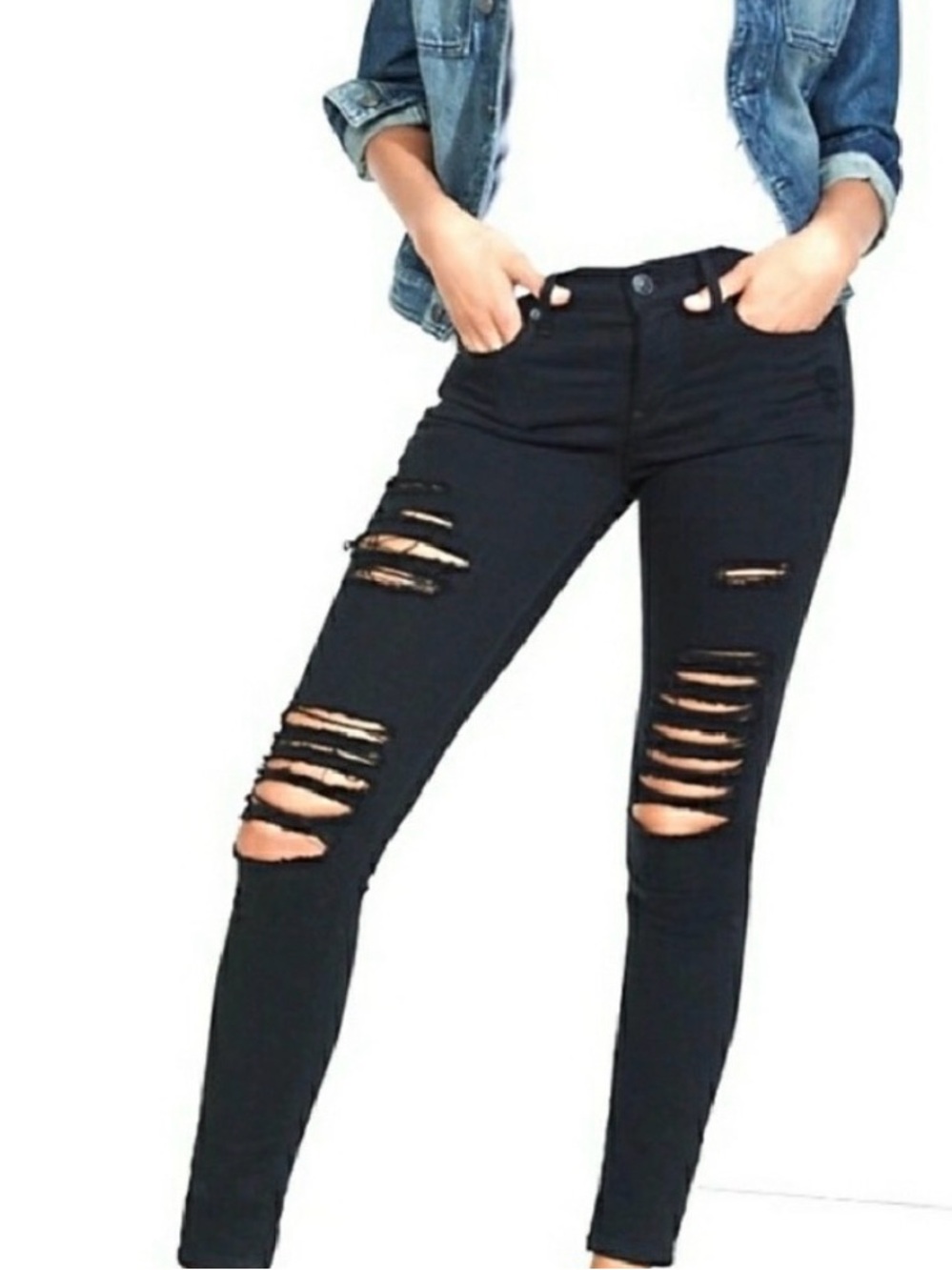 Distressed Mid Rise Black Jeans Holes Stretchy Express Denim